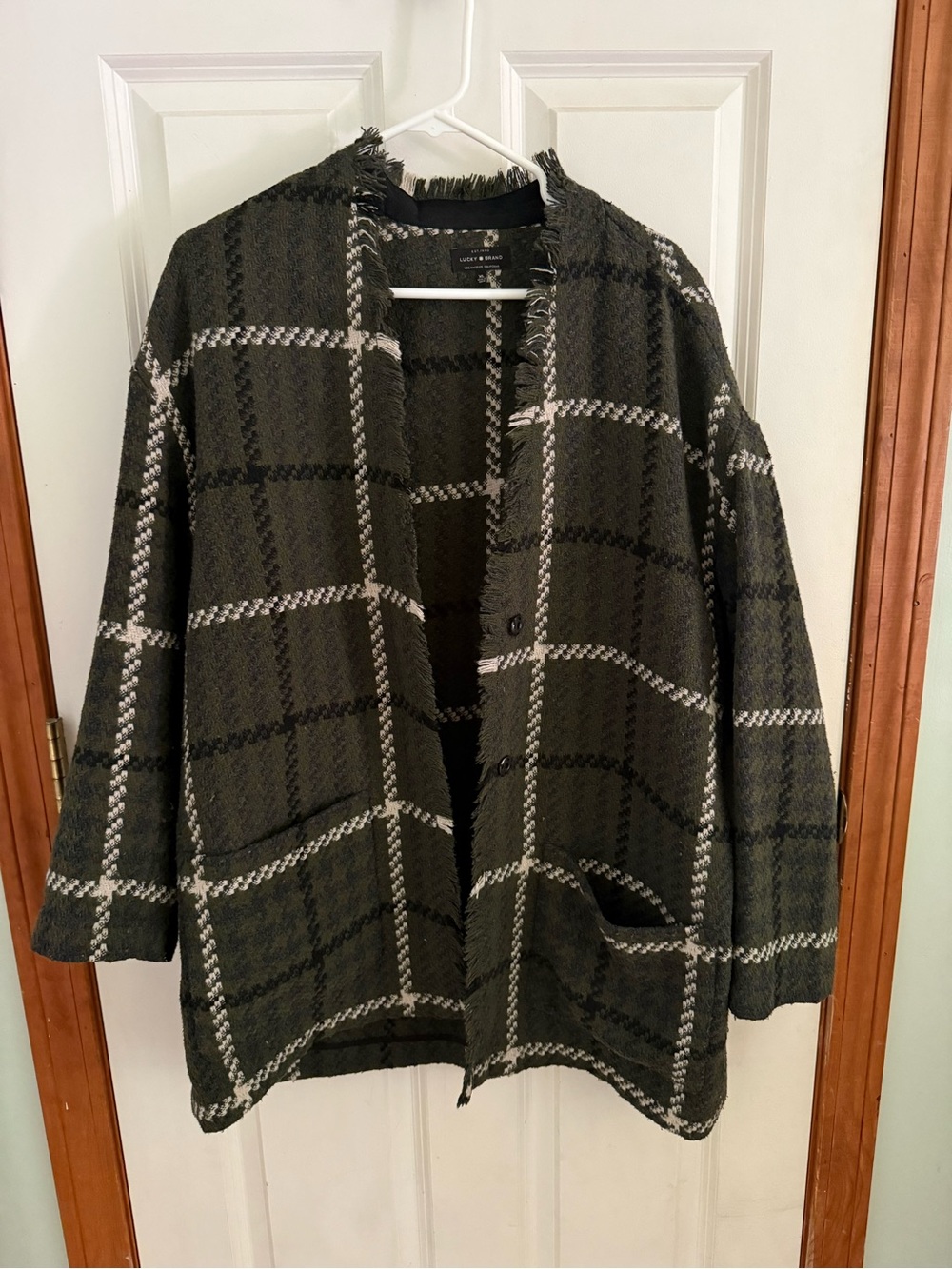 Lucky Brand Olive and Black Plaid Open-Front Jacket